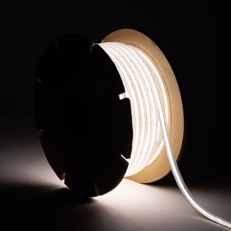 Bobina 50m Striscia LED Regolabile 220V COB Autorettificata 560LED/m 14W/m 1250lm SILICONE FLEX Larga 10mm IP65 Taglio 10cm 4000K Bianco Naturale