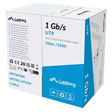 BOBINA CABLE RED LANBERG UTP RJ45 1GB/S SOLIDO CCA AWG23 100M GRIS