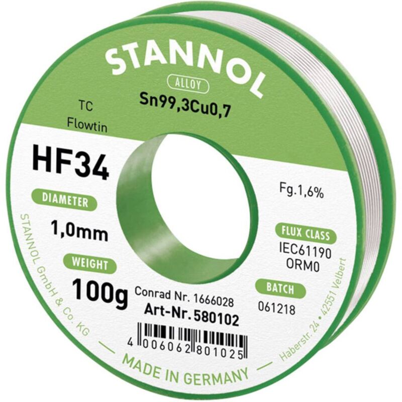 Image of HF34 1,6% 1,0MM flowtin tc cd 100G Stagno senza piombo Bobina, senza piombo Sn99,3Cu0,7 ORM0 100 g 1 mm - Stannol