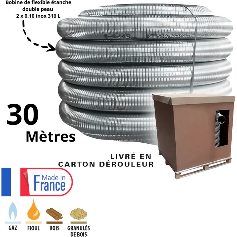 Bobine 30 mètres de flexible double peau inox diamètre 180 Edilinox