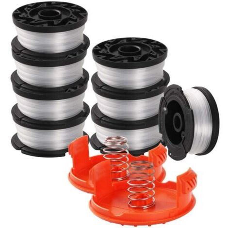 Bobine de fil pour coupe-bordures Black & Decker. 8 bobines avec 2 couvercles et 2 ressorts, compatible et durable.