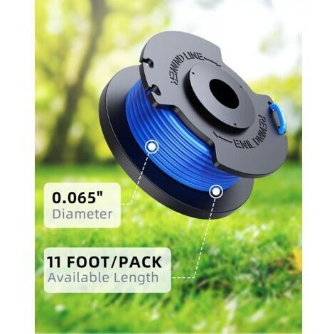 Bobines de fil de coupe pour tondeuses à gazon Ryobi One+ 18V, 24V et 40V, contenant 6 bobines de fil de coupe et 2 capuchons de bobine, de 3,35 mètres de long et de 1,6 mm de diamètre.