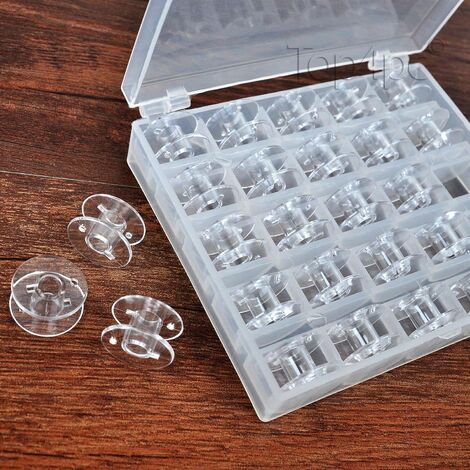 Bobines pour Machine à Coudre Singer Brother Bermina Pfaff Janome Toyota Elna Chanteur avec étui de Rangement - Transparent et Universel - 25 pièces (Transparent)