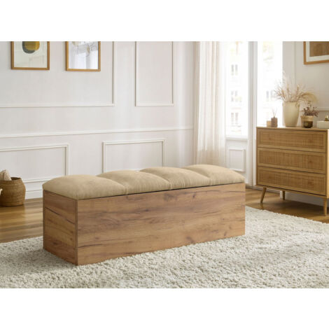 Bobochic – Bout de lit KUMO en tissu déperlant beige – Coffre en bois intégré – Longueur 142 cm – Largeur 42 cm – Hauteur 52 cm