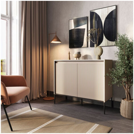 Bobochic – Buffet 2 portes 100 cm avec tasseaux et LED – Largeur 40 cm – Hauteur 83 cm – Finitions en bois naturel beige