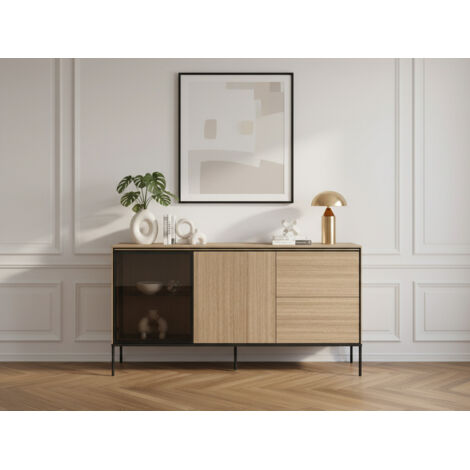 BOBOCHIC - Buffet 2 portes 2 tiroirs 167 cm VERONA effet chêne et verre fumé avec LEDS