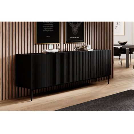 Bobochic – Buffet 4 portes 200 cm Kasha – Façades striées tendance – Pieds en métal – Largeur 44,6 cm – Hauteur 85,4 cm