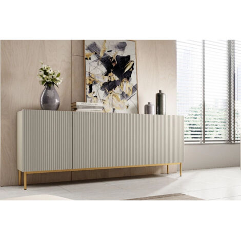 Bobochic – Buffet 4 portes 200 cm – Largeur 44,6 cm – Hauteur 85,4 cm – Pieds en métal or – Design moderne avec façades striées
