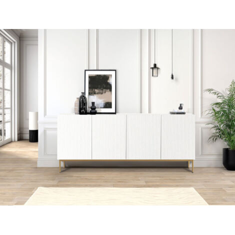 Bobochic – Buffet 4 portes 200 cm – Pieds en métal or – Façades striées – Rangement pratique pour salon ou salle à manger