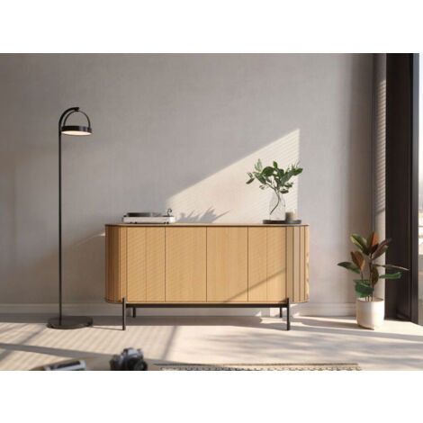 Bobochic – Buffet arrondi 4 portes 168 cm – Couleur chêne clair – Panneaux de particules 16 mm – Pieds en métal noir – Style moderne