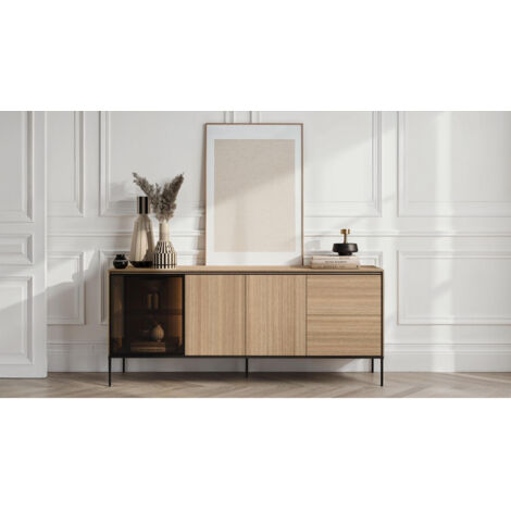 Bobochic – Buffet bas 200 cm – 3 portes en chêne et verre fumé – 2 tiroirs – Éclairage LED intégré – Style industriel contemporain