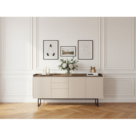 Bobochic – Buffet bas 3 portes 192 cm – Beige effet bois avec tasseaux – Éclairage LED intégré – Système push to open – 86 cm de hauteur