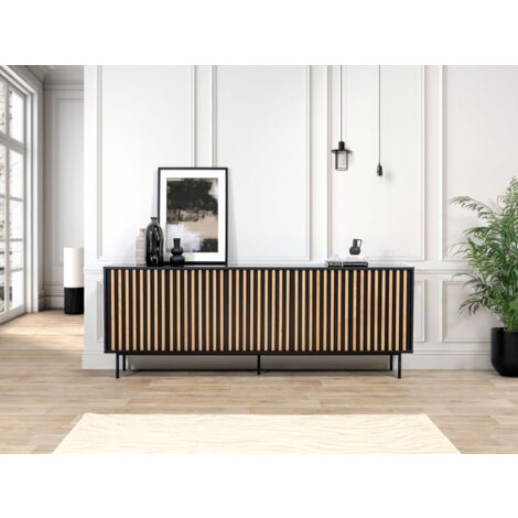 Bobochic – Buffet 5 portes 220 cm – Façade en pin massif couleur chêne – Structure noire laquée – Style moderne et pratique