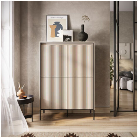 BOBOCHIC - Buffet haut 4 portes 100 cm LENARA avec tasseaux et LED   Beige