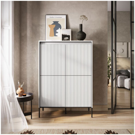 BOBOCHIC - Buffet haut 4 portes 100 cm LENARA avec tasseaux et LED   Blanc