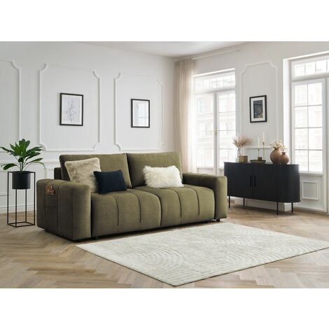 Bobochic – Canapé convertible 3 places avec coffre de rangement – Tissu velours vert – Longueur 248 cm – Couchage 155 x 190 cm – Style moderne