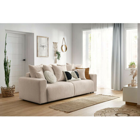 Bobochic – Canapé convertible 3 places avec coffre – Tissu bouclette doux – Longueur 245 cm – Largeur de couchage 152 cm – Style bord de mer