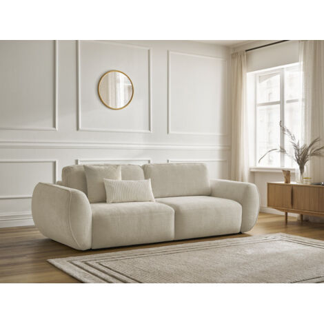 Bobochic – Canapé convertible 3 places – Tissu texturé beige – Longueur 250 cm – Coffre de rangement – Usage occasionnel couchage 190x145 cm