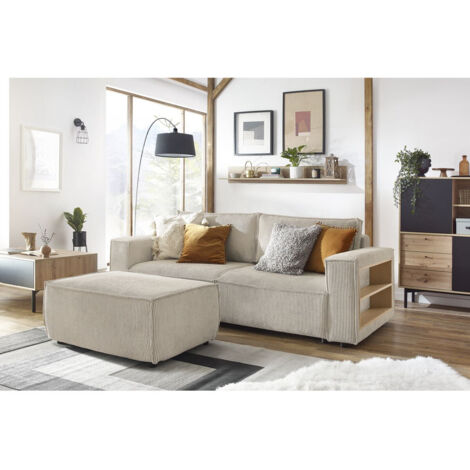 Bobochic – Canapé convertible droit 3 places avec coffre et tablette – Velours côtelé beige – Dimensions 245x102x74 cm – Inclus pouf polyvalent