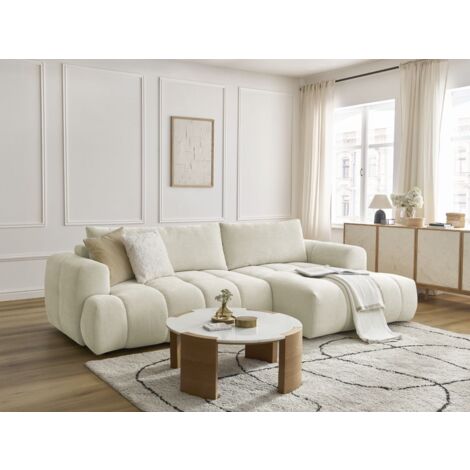 Bobochic – Canapé d'angle convertible 3 places – Tissu lisse beige – Longueur 292cm – Coffre de rangement intégré – Montage facile