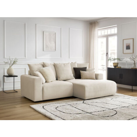 Bobochic – Canapé d'angle convertible coffre 3 places – Tissu velours côtelé beige – Longueur 244cm – Confort équilibré – Fabrication Europe