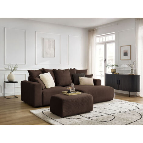 BOBOCHIC - Canapé d'angle convertible coffre ATILLA velours côtelé avec pouf Angle droit  Marron