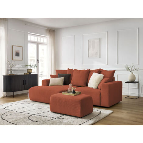 BOBOCHIC - Canapé d'angle convertible coffre ATILLA velours côtelé avec pouf Angle gauche Orange