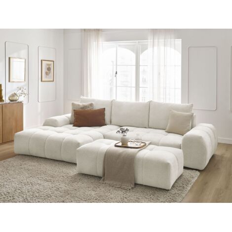 BOBOCHIC - Canapé d'angle convertible coffre EVEREST tissu chiné avec pouf Angle gauche  Blanc