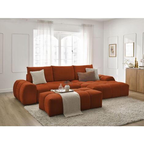 BOBOCHIC - Canapé d'angle convertible coffre EVEREST tissu texturé avec pouf Angle droit Orange