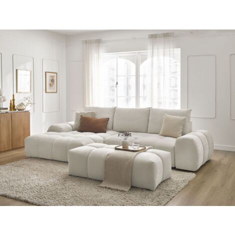 BOBOCHIC - Canapé d'angle convertible coffre EVEREST tissu texturé avec pouf Angle gauche  Blanc
