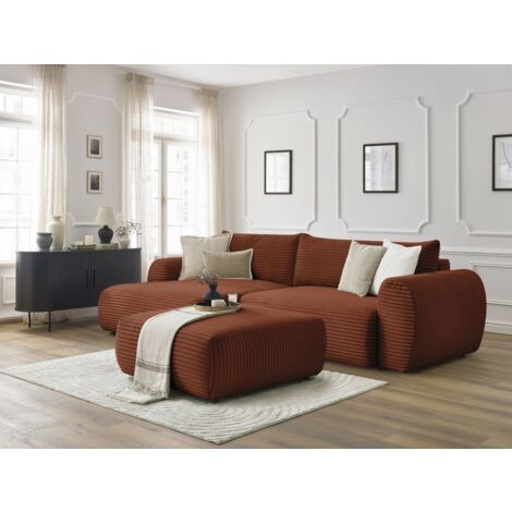 BOBOCHIC - Canapé d'angle convertible coffre LUCIEN gros côtelé doux avec pouf Angle gauche  Orange