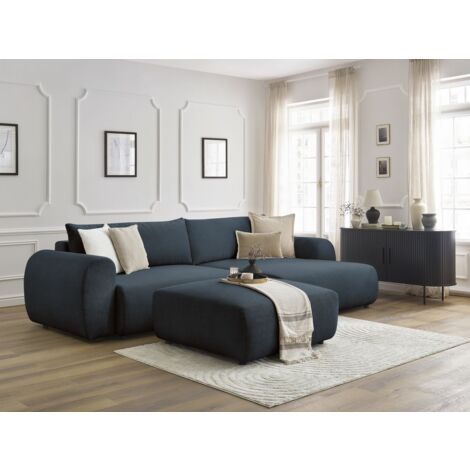 BOBOCHIC - Canapé d'angle convertible coffre LUCIEN tissu lisse avec pouf Angle droit  Bleu foncé