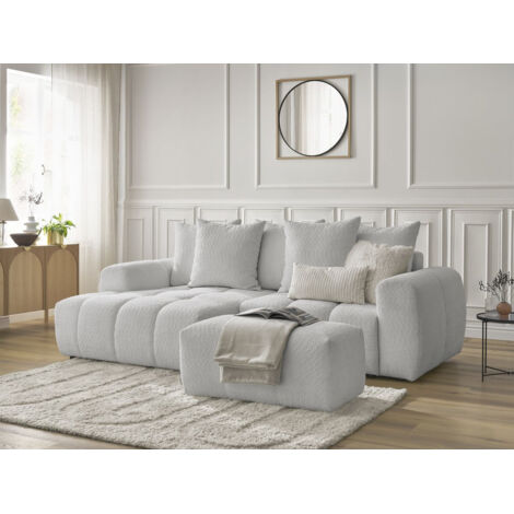 BOBOCHIC - Canapé d'angle convertible coffre ROXELANE tissu bouclette avec pouf Angle gauche  Gris clair