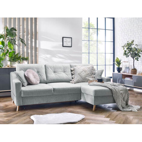 Bobochic – Canapé d'angle convertible coffre scandinave 4 places – Tissu chiné gris clair – Longueur 224cm – Couchage 196x128cm