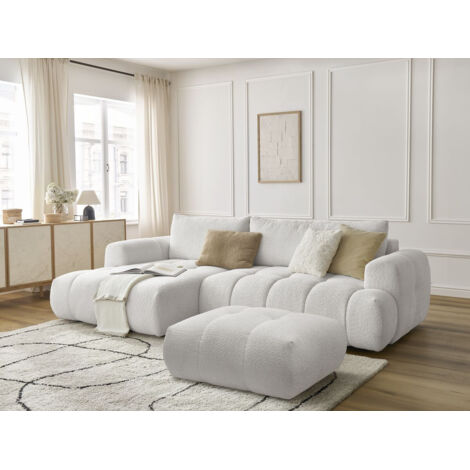 BOBOCHIC - Canapé d'angle convertible FUJI tissu bouclette avec pouf Angle gauche  Blanc
