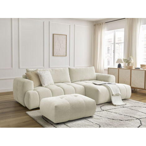 BOBOCHIC - Canapé d'angle convertible FUJI tissu lisse avec pouf Angle droit Beige