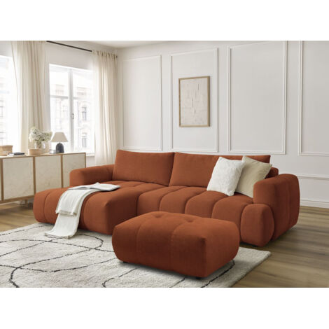 BOBOCHIC - Canapé d'angle convertible FUJI tissu lisse avec pouf Angle gauche  Orange