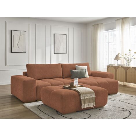 BOBOCHIC - Canapé d'angle convertible réversible coffre ANAKIN tissu bouclette avec pouf Réversible  Orange
