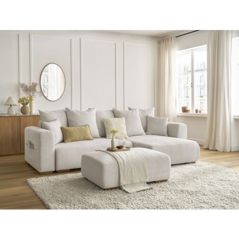 BOBOCHIC - Canapé d'angle convertible réversible coffre SIDONIE tissu chiné avec pouf   Beige
