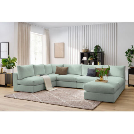 BOBOCHIC - Canapé d'angle fixe 100% modulable PARIS tissu bouclette 3 chauffeuses, 1 méridienne, 1 angle, 1 pouf   Vert