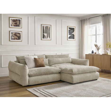 Bobochic – Canapé d'angle fixe 3 places en tissu texturé beige – Confort moelleux – Structure bois massif – Dimensions 276x140cm