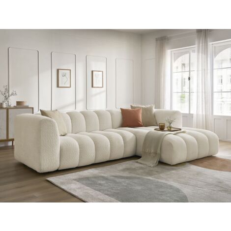 Bobochic – Canapé d'angle fixe 3 places – Tissu bouclette beige – Longueur 288cm – Largeur 186cm – Design moderne et épuré