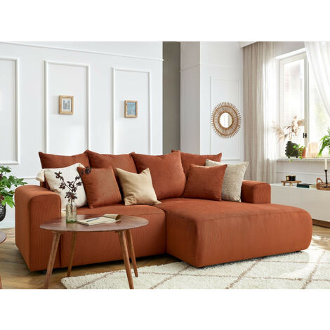 Bobochic – Canapé d'angle fixe 3 places 237 cm – Velours côtelé orange – Assise profonde et larges accoudoirs – Fabrication européenne