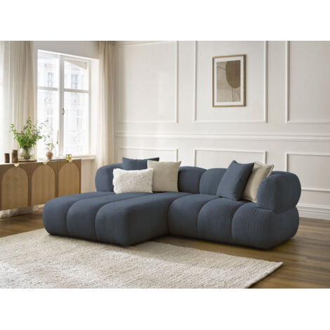 Bobochic – Canapé d'angle fixe 4 places – Tissu bouclette – Longueur 253 cm – Largeur 162 cm – Style moderne – Angle gauche – Bleu foncé