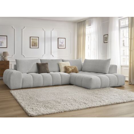 Bobochic – Canapé d'angle fixe 4 places – Tissu chiné gris clair – Longueur 352cm – Largeur 210cm – Style moderne et cosy