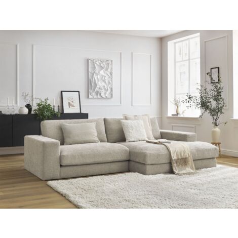 Bobochic – Canapé d'angle fixe 4 places – Tissu texturé beige – Structure en pin et hêtre – Assise moelleuse avec ressorts ondulés