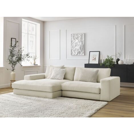 Bobochic – Canapé d'angle fixe 4 places – Velours côtelé beige – Structure en pin et hêtre – Confort moelleux avec coussins en silicone