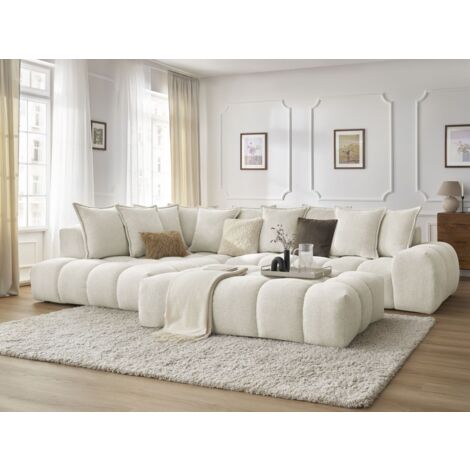 Bobochic – Canapé d'angle fixe 5 places en tissu chiné – Longueur 352cm – Pouf inclus – Confort moelleux – Fabrication Europe
