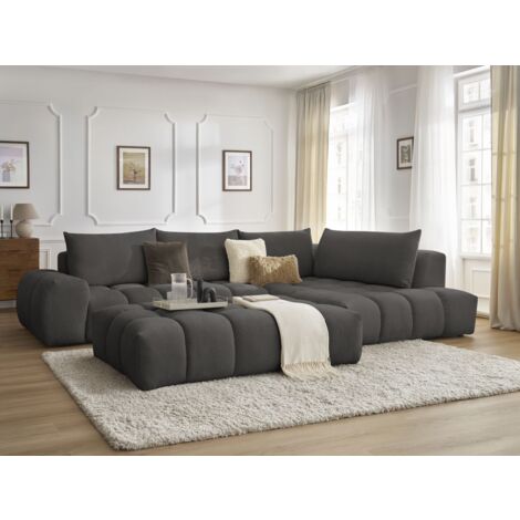 Bobochic – Canapé d'angle fixe 5 places EVEREST – Tissu texturé déperlant – Pouf inclus – Longueur 352cm – Largeur 210cm – Style moderne gris foncé