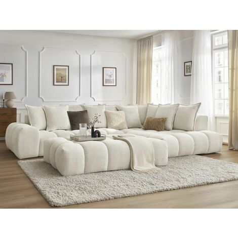 Bobochic – Canapé d'angle fixe 5 places – Tissu chiné 100% polyester – Dimensions 352x210x85 cm – Avec pouf angle droit blanc